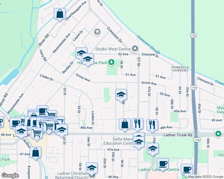 map of restaurants, bars, coffee shops, grocery stores, and more near 5554 Grove Avenue in Delta