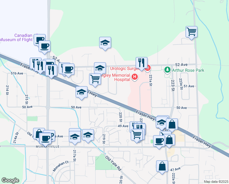 map of restaurants, bars, coffee shops, grocery stores, and more near 5089 219A Street in Langley