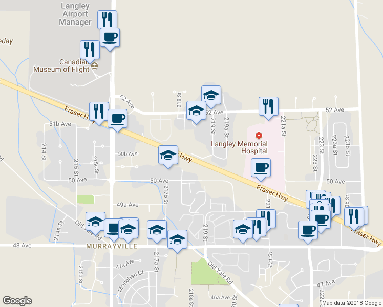 map of restaurants, bars, coffee shops, grocery stores, and more near 21833 51 Avenue in Langley