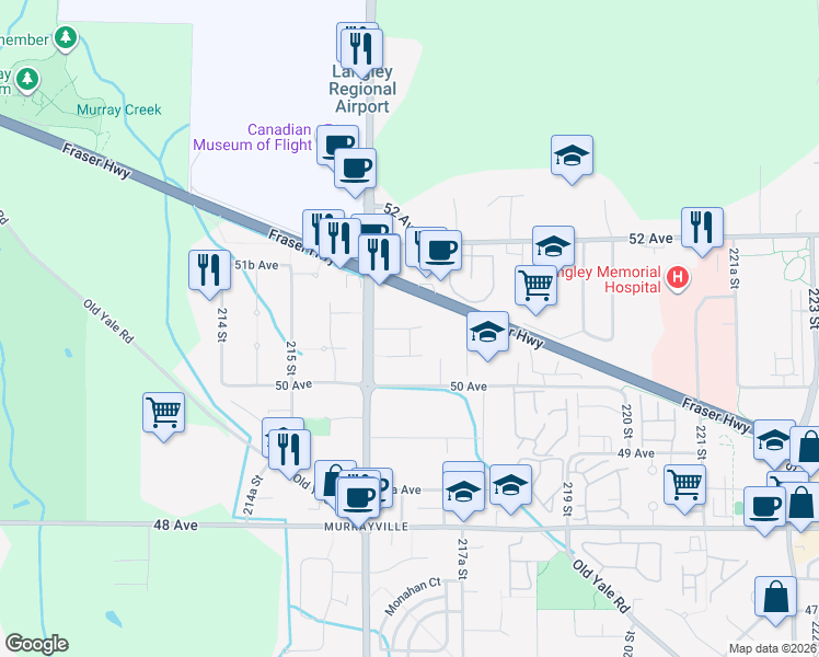map of restaurants, bars, coffee shops, grocery stores, and more near 21658 50B Avenue in Langley City
