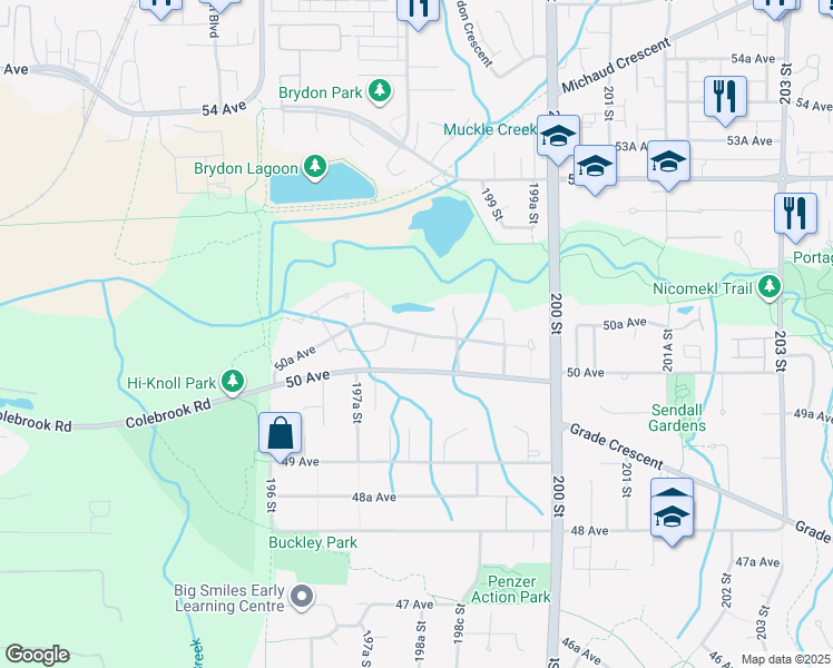 map of restaurants, bars, coffee shops, grocery stores, and more near 198 Street in Langley