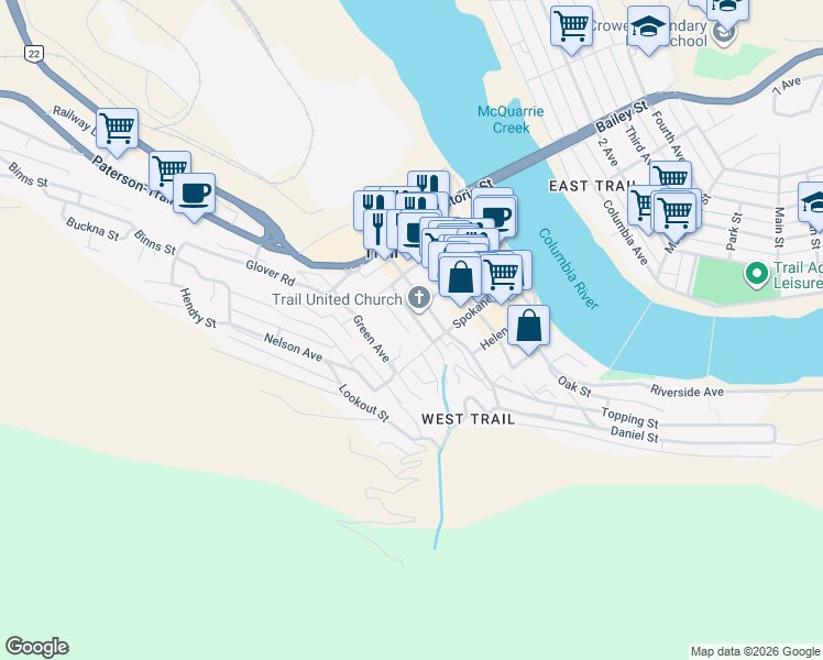 map of restaurants, bars, coffee shops, grocery stores, and more near 1325 Tamarac Avenue in Trail