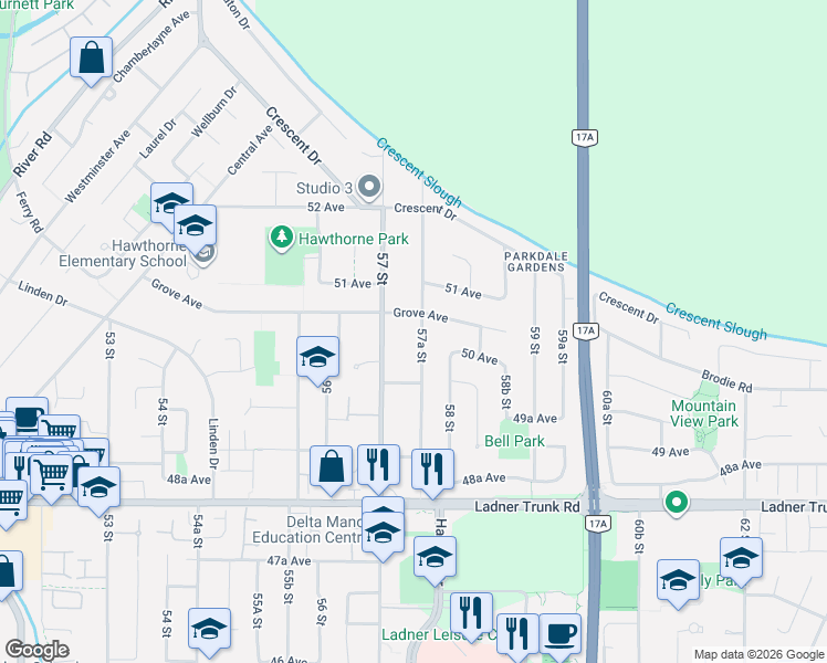 map of restaurants, bars, coffee shops, grocery stores, and more near 5037 57A Street in Delta