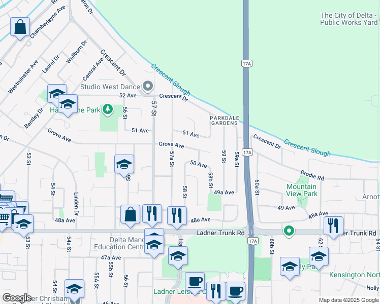 map of restaurants, bars, coffee shops, grocery stores, and more near 5814 Grove Avenue in Delta