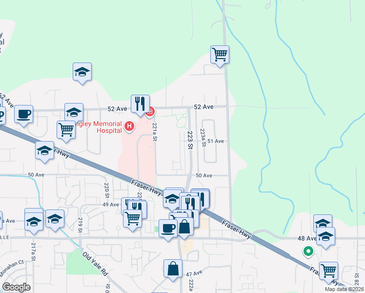 map of restaurants, bars, coffee shops, grocery stores, and more near 22225 50 Avenue in Langley Township