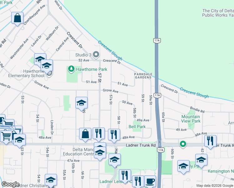 map of restaurants, bars, coffee shops, grocery stores, and more near 5794 Grove Avenue in Delta