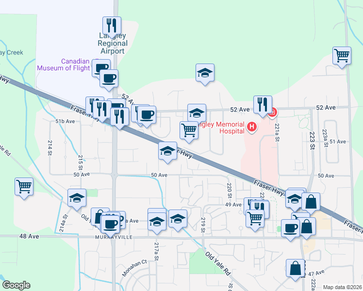 map of restaurants, bars, coffee shops, grocery stores, and more near 21833 Fraser Highway in Langley
