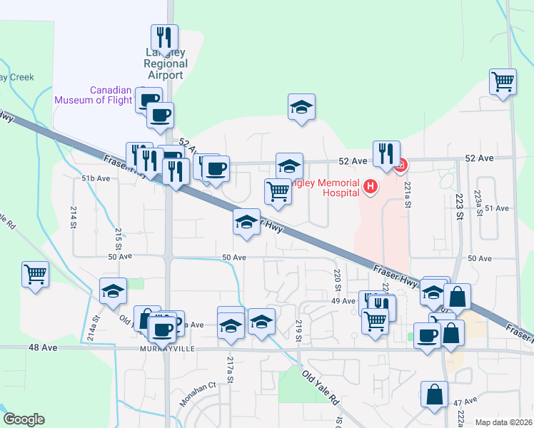 map of restaurants, bars, coffee shops, grocery stores, and more near 21833 51 Avenue in Langley