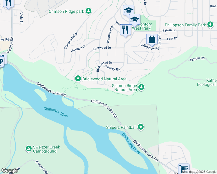 map of restaurants, bars, coffee shops, grocery stores, and more near 46058 Bridle Ridge Crescent in Chilliwack