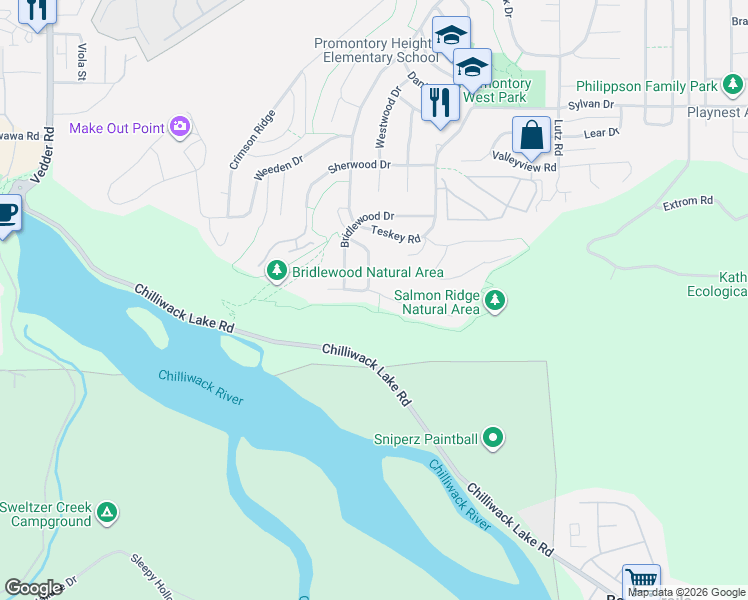 map of restaurants, bars, coffee shops, grocery stores, and more near 46052 Bridle Ridge Crescent in Chilliwack
