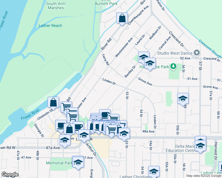 map of restaurants, bars, coffee shops, grocery stores, and more near 5064 Fenton Drive in Delta