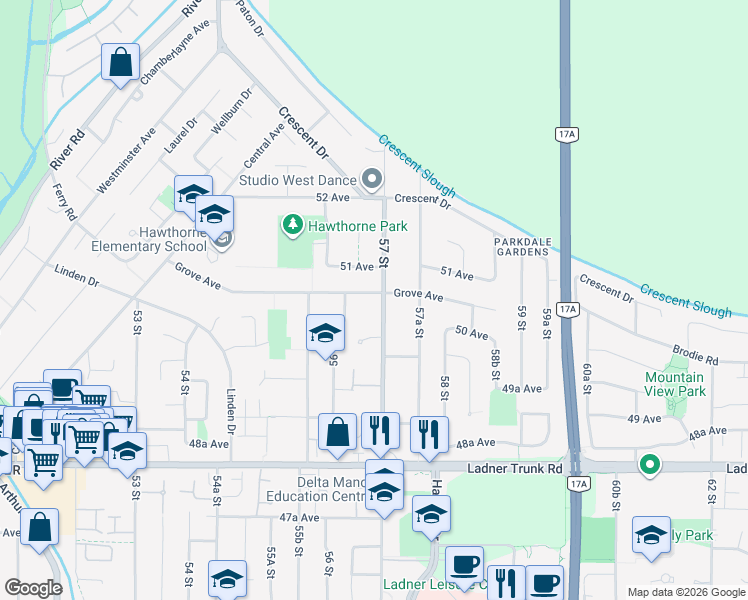 map of restaurants, bars, coffee shops, grocery stores, and more near 5680 Grove Avenue in Delta