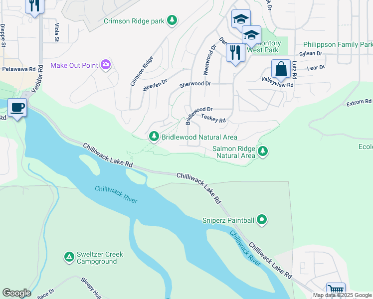 map of restaurants, bars, coffee shops, grocery stores, and more near 46016 Bridle Ridge Crescent in Chilliwack