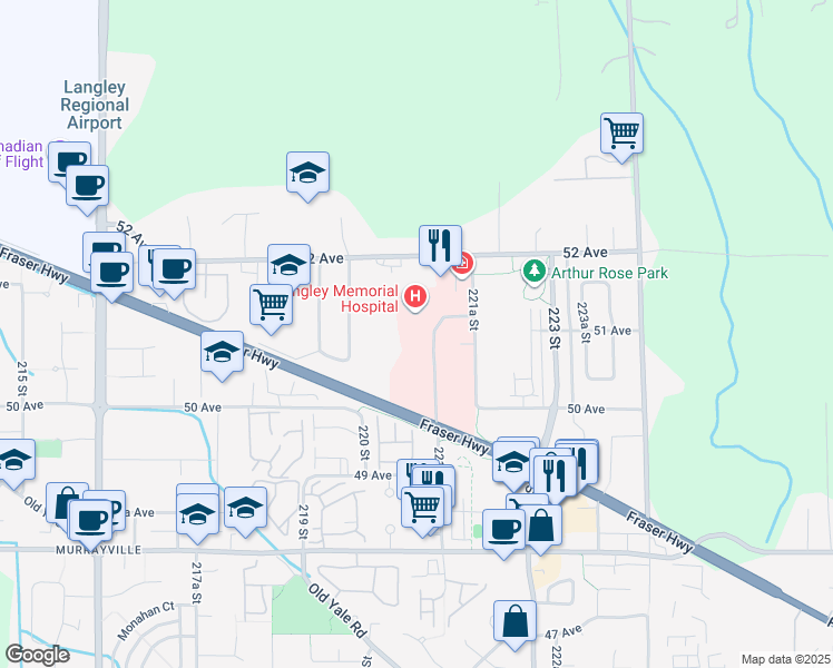 map of restaurants, bars, coffee shops, grocery stores, and more near 22051 Fraser Highway in Langley