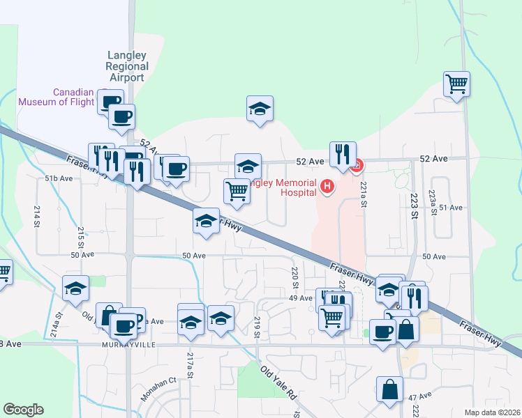 map of restaurants, bars, coffee shops, grocery stores, and more near 5099 219 Street in Langley