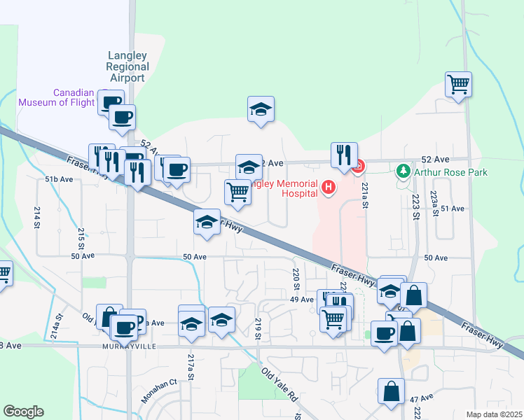 map of restaurants, bars, coffee shops, grocery stores, and more near 5099 219 Street in Langley