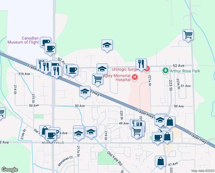 map of restaurants, bars, coffee shops, grocery stores, and more near 5099 219 Street in Langley City