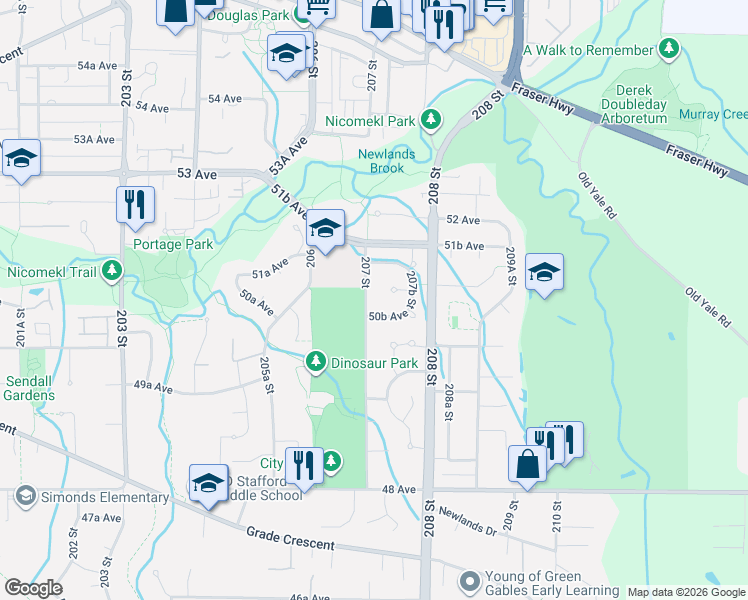 map of restaurants, bars, coffee shops, grocery stores, and more near 5088 207 Street in Langley Township