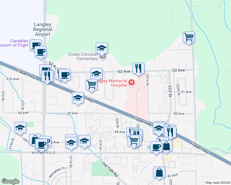 map of restaurants, bars, coffee shops, grocery stores, and more near 5102 219A Street in Langley