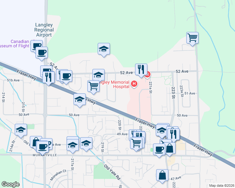 map of restaurants, bars, coffee shops, grocery stores, and more near 5102 219A Street in Langley