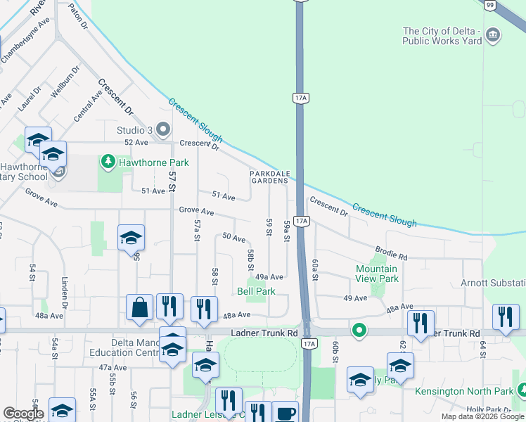 map of restaurants, bars, coffee shops, grocery stores, and more near 5063 59 Street in Delta