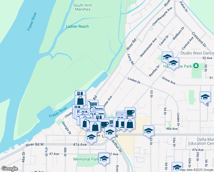 map of restaurants, bars, coffee shops, grocery stores, and more near 5047 Calvert Drive in Delta