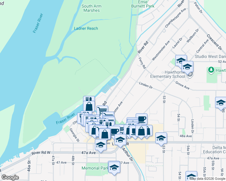 map of restaurants, bars, coffee shops, grocery stores, and more near 5047 Calvert Drive in Delta