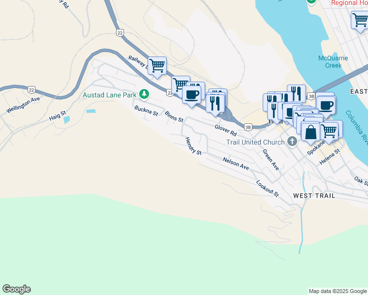map of restaurants, bars, coffee shops, grocery stores, and more near 223 Hendry Street in Trail