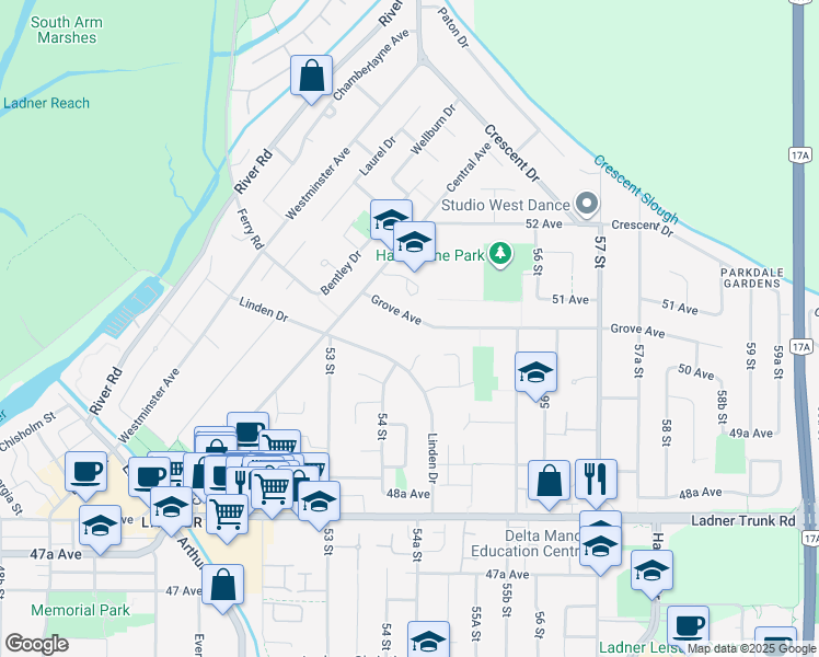 map of restaurants, bars, coffee shops, grocery stores, and more near 5438 Grove Avenue in Delta