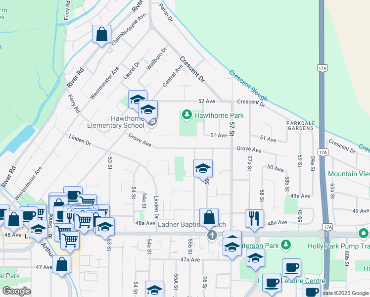 map of restaurants, bars, coffee shops, grocery stores, and more near 5554 Grove Ave in Delta