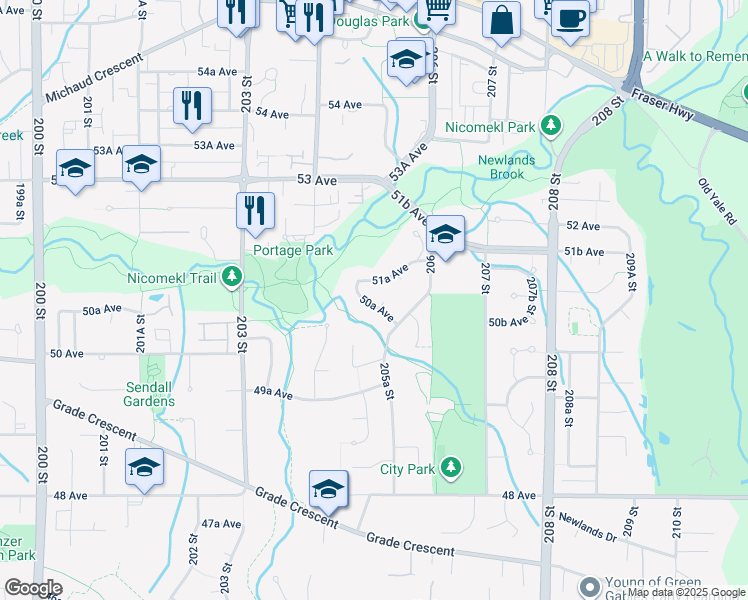 map of restaurants, bars, coffee shops, grocery stores, and more near 20535 50A Avenue in Langley