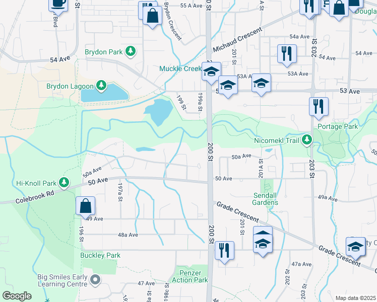 map of restaurants, bars, coffee shops, grocery stores, and more near 19949 51 Avenue in Langley