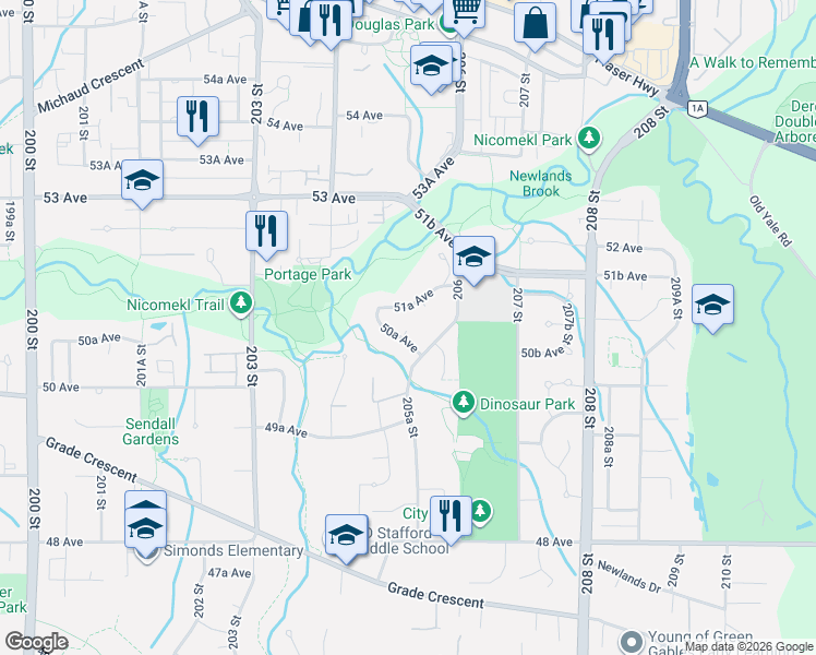 map of restaurants, bars, coffee shops, grocery stores, and more near 20543 50A Avenue in Langley City