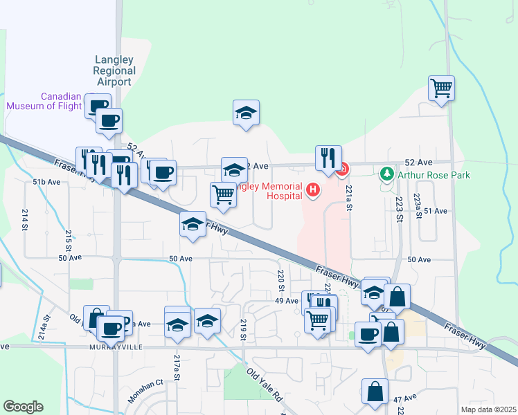 map of restaurants, bars, coffee shops, grocery stores, and more near 5114 219 Street in Langley