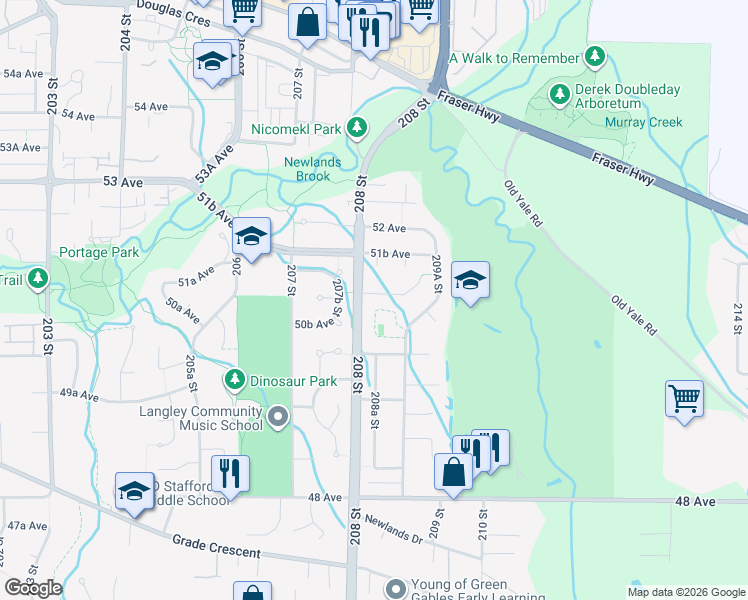map of restaurants, bars, coffee shops, grocery stores, and more near 20820 51 Avenue in Langley