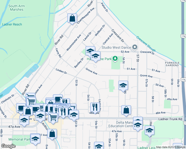 map of restaurants, bars, coffee shops, grocery stores, and more near 5434 Grove Avenue in Delta