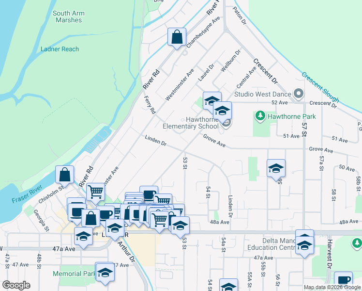 map of restaurants, bars, coffee shops, grocery stores, and more near 5065 Central Avenue in Delta