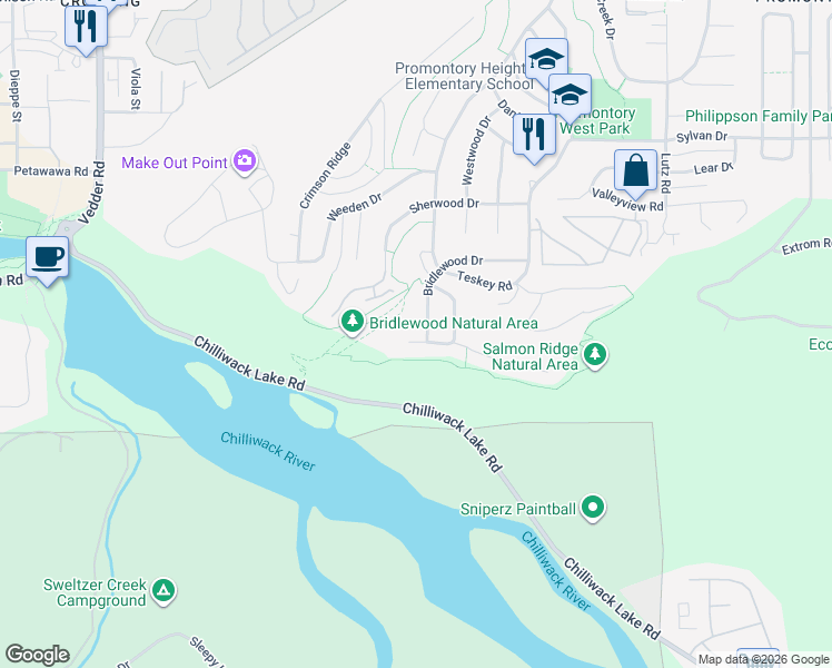 map of restaurants, bars, coffee shops, grocery stores, and more near 46016 Bridle Ridge Crescent in Chilliwack