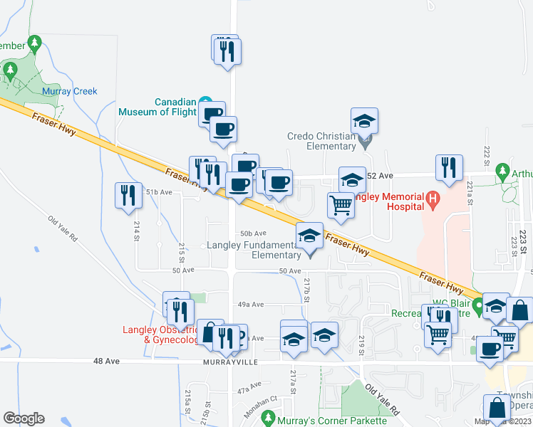 map of restaurants, bars, coffee shops, grocery stores, and more near 21678 Fraser Highway in Langley