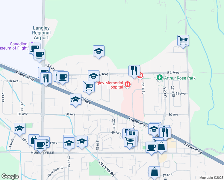 map of restaurants, bars, coffee shops, grocery stores, and more near 5124 219A Street in Langley