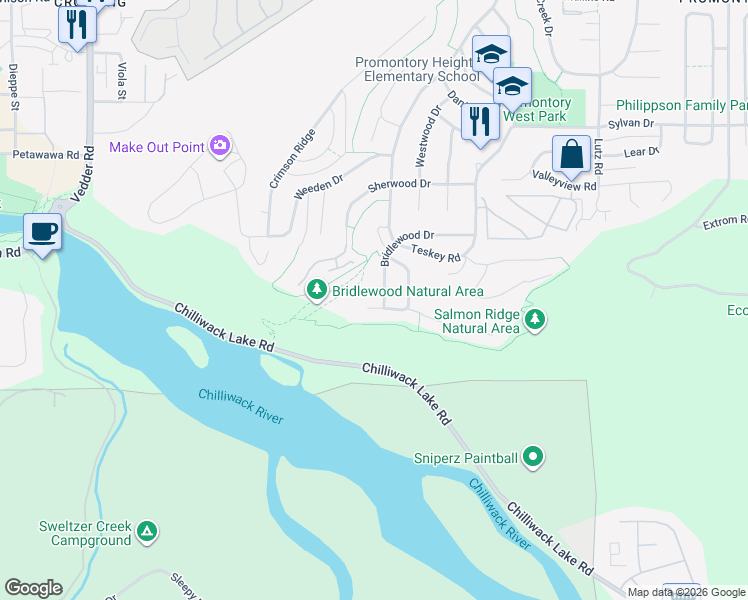 map of restaurants, bars, coffee shops, grocery stores, and more near 46001 Bridle Ridge Crescent in Chilliwack