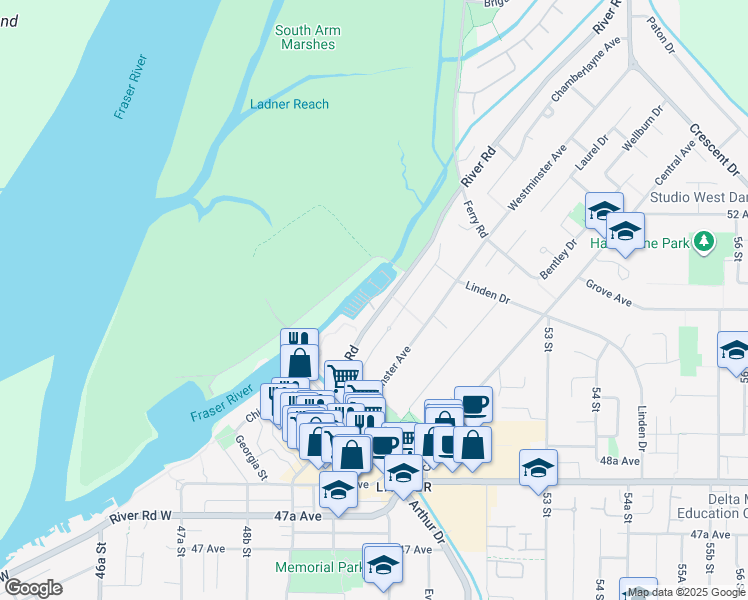 map of restaurants, bars, coffee shops, grocery stores, and more near 5011 River Road in Delta