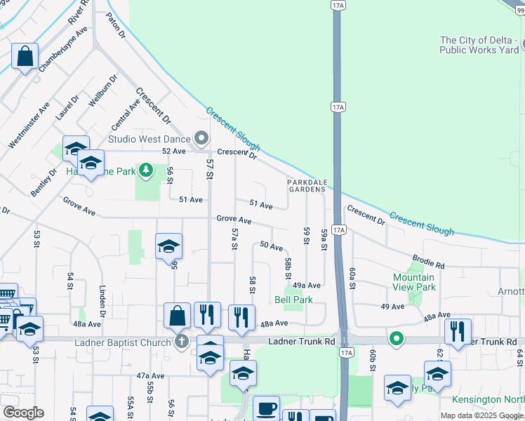 map of restaurants, bars, coffee shops, grocery stores, and more near 5822 51 Avenue in Delta