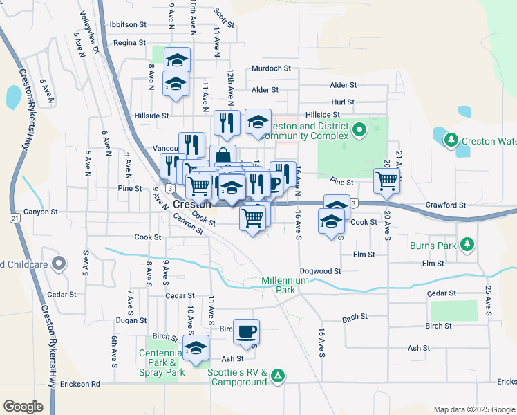 map of restaurants, bars, coffee shops, grocery stores, and more near 1403 Canyon Street in Creston