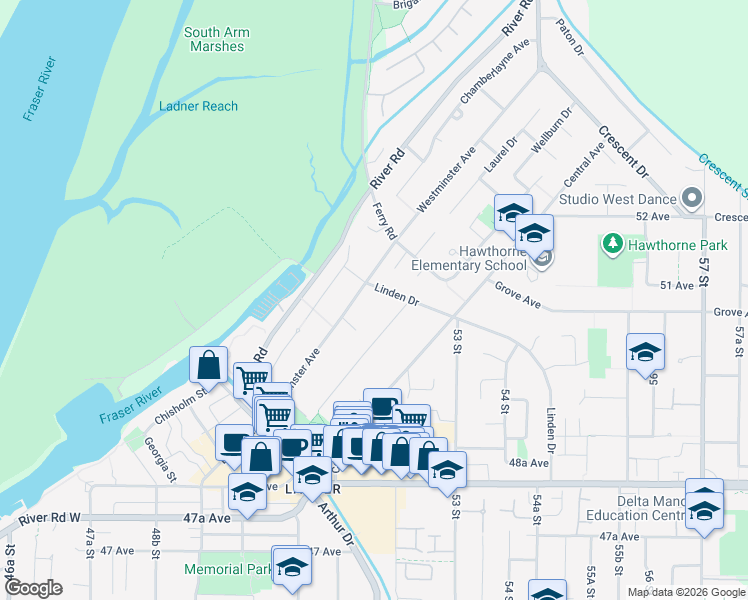 map of restaurants, bars, coffee shops, grocery stores, and more near 5103 Linden Drive in Delta