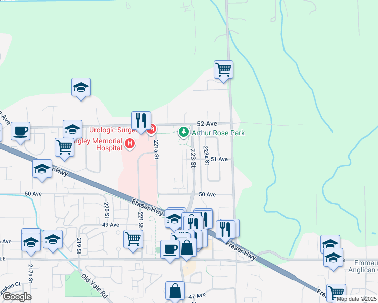 map of restaurants, bars, coffee shops, grocery stores, and more near 5127 223 Street in Langley