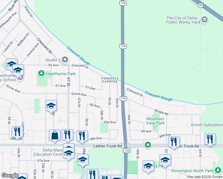 map of restaurants, bars, coffee shops, grocery stores, and more near 5090 59 Street in Delta