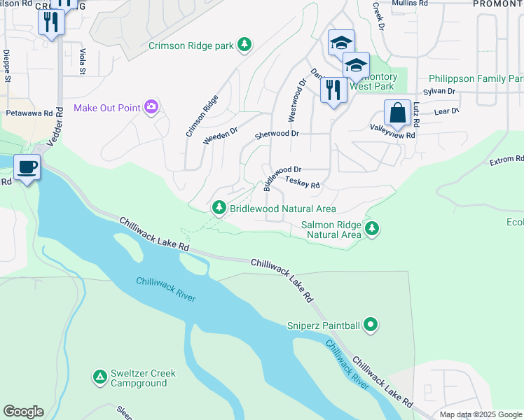 map of restaurants, bars, coffee shops, grocery stores, and more near 46016 Bridle Ridge Crescent in Chilliwack