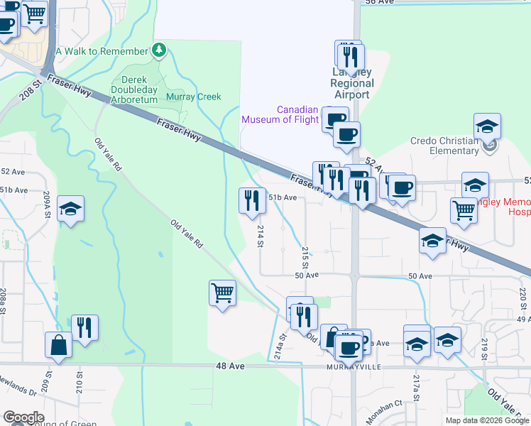 map of restaurants, bars, coffee shops, grocery stores, and more near 5132 214 Street in Langley