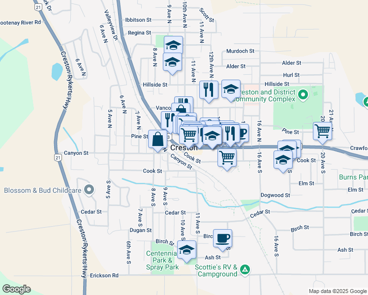 map of restaurants, bars, coffee shops, grocery stores, and more near in Creston